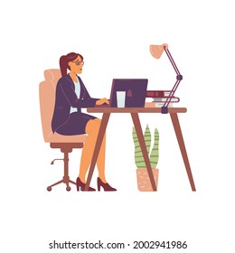 Business woman working in office at laptop, flat vector illustration isolated on white background. Woman office worker, secretary or executor cartoon character.