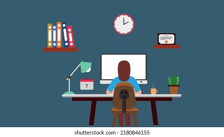 Business woman working on computer in home office. Home office business idea concept. Flat vector illustration
The concept of remote work, freelancing, teaching,