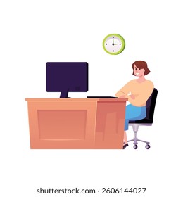 Business woman working on computer in the office. Workplace with table, chair, wall watch and computer vector flat illustration isolated. Home or office furniture interior