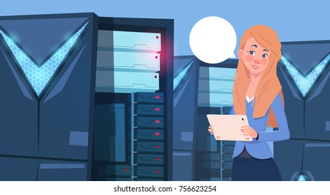 Business Woman Working On Digital Tablet In Modern Database Center Or Server Room Businesswoman Engeneer Flat Vector Illustration