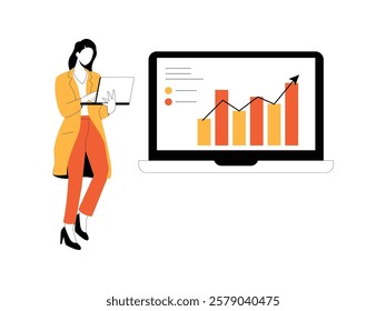 Business woman is working on her laptop, she is working on some projects, beside her there is also a large monitor screen displaying some data analysis.
design, vector, illustration