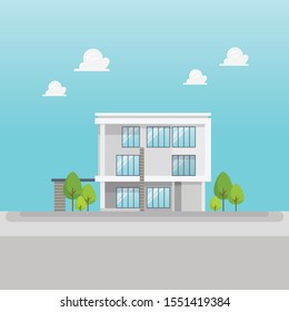 Business woman working on a laptop computer at office desk. Vector illustration