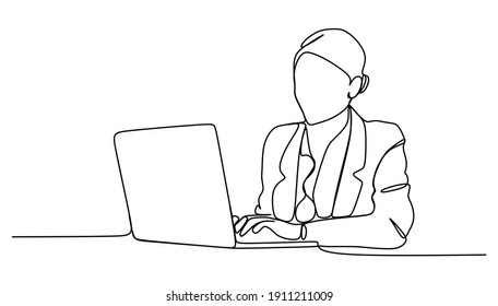 Business woman working on a laptop - Continuous one line drawing