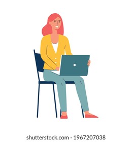 Business woman working on laptop computer, flat vector illustration isolated on white background. Cartoon character of woman programmer or business lady with PC.
