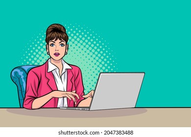 Business Woman Working On The Laptop Computer Pop Art Comics Style.