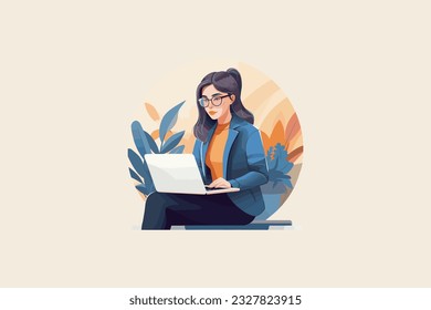 Mujer de negocios trabajando en laptop. Ilustración vectorial en un estilo plano.