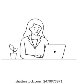 Business woman working on a laptop in a professional office, One continuous single line hand drawing line art