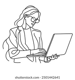 Mujer de negocios que trabaja en la computadora portátil. Vector de arte de línea aislado en fondo blanco.