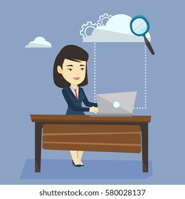 Business woman working on laptop under cloud. Asian business woman using cloud computing technologies. Cloud computing and business technology concept. Vector flat design illustration. Square layout