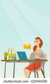 Business woman working on a laptop with email icon. Business woman receiving email. Business woman sending email. Business technology, email concept. Vector flat design illustration. Vertical layout.