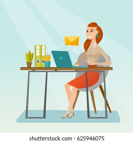 Business woman working on a laptop with email icon. Business woman receiving email. Business woman sending email. Business technology, email concept. Vector flat design illustration. Square layout.
