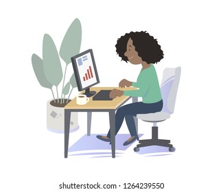Business woman  working on the personal computer. Modern office.Vector Illustration.