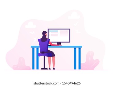 Business Woman Working on Personal Computer at Home or at Office Workplace, Hardwork Female Character Freelancer or Corporate Company Worker Sitting at Desk Work on Pc. Flat Vector Illustration