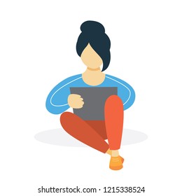 Business woman working on tablet computer and sitting. Young character chat in the internet. Isolated flat vector illustration