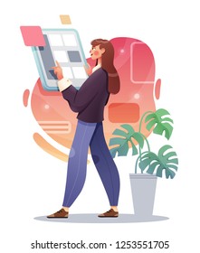 Business woman working on tablet. Success work of online business. Vector illustration