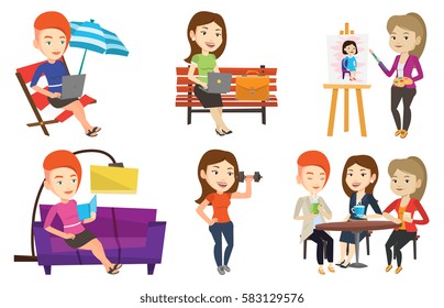 Business woman working outdoor. Business woman working on a laptop. Business woman sitting in chaise longue and working on laptop. Set of vector flat design illustrations isolated on white background.