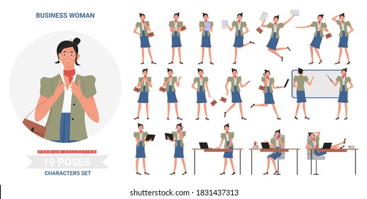 Business woman working poses infographic vector illustration set. Cartoon flat busy female character at business work with laptop or study in different postures, standing and running isolated on white