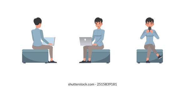 Business woman working and presentation in various action character vector illustration design set. Woman wear blue shirt.