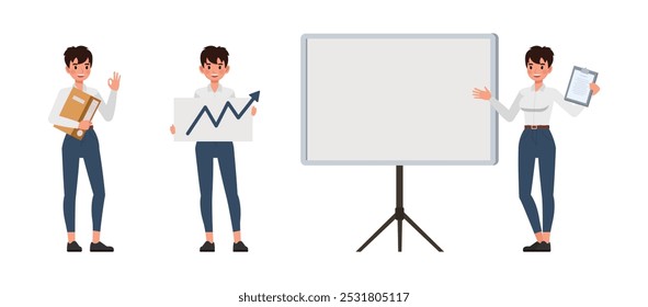 Business woman working and presentation in various action character vector illustration design set. Woman wear white shirt.