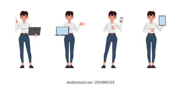 Mujer de negocios trabajando y presentación en varios personajes de acción Ilustración vectorial diseño conjunto. Las mujeres usan camisa blanca.