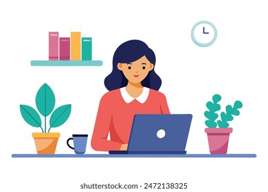 Business woman working remotely from home, flat vector illustration.