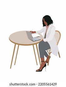 Business woman working remotely in street cafe or public place. Lady boss use computer or laptop at comfortable workplace isolated on white. Attractive female character vector realistic illustration.