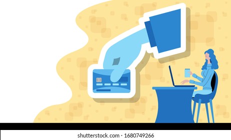 Business woman working for retail and payment with a credit card icon. All the objects, shadows and background are in different layers. 
