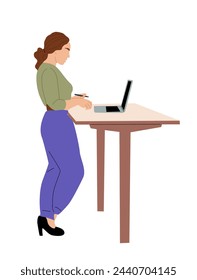 Business woman working at standing desk vector.