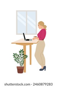 Business woman working standing at modern ergonomic desk with a laptop and a plant in front of her. She is wearing a pink shirt and tan pants. vector colorful illustration isolated on white background