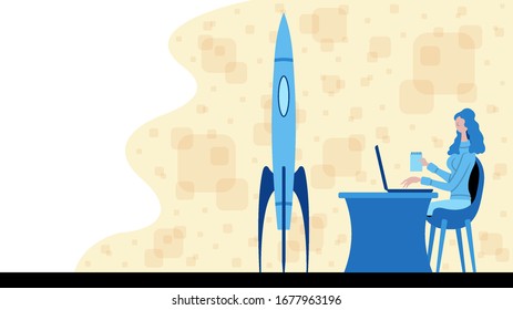 Business woman working for startup with a rocket icon. All the objects, shadows and background are in different layers. 