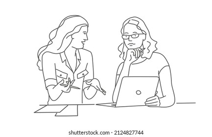 Mujer de negocios en el lugar de trabajo conversando. Ilustración vectorial dibujada a mano. Blanco y negro.