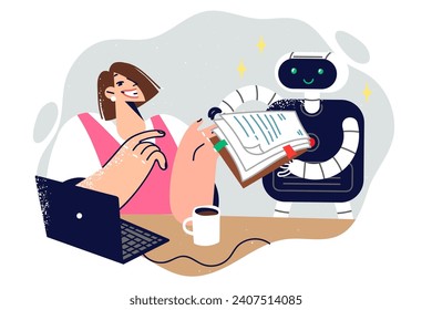 Business woman works with assistant robot that submits documents and performs routine paperwork. Humanoid robot with artificial intelligence helps manager perform simple corporate tasks