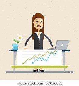 Business woman works at the desk with graphs, report or presentation. Colleague, employee. Vector, illustration, flat