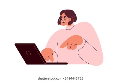 Business woman works at laptop computer. Happy employee, professional at notebook. Remote freelance worker communication in internet, online. Flat vector illustration isolated on white background