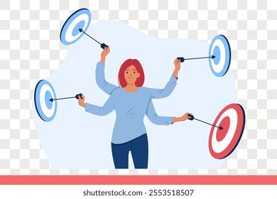 Business woman works in multitasking mode, and uses several hands to hit all targets at same time. Successful girl stands among targets demonstrating multitasking skills and ambition for success