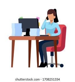 Business woman works in office. Professional elegant lady talk on phone at desk and pc, vector working businesswoman