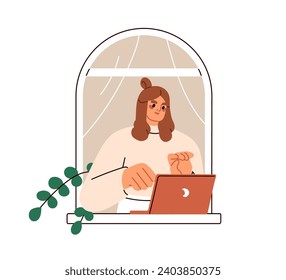 La mujer de negocios trabaja en línea desde casa. Mujer independiente en computadora portátil, mirando por la ventana dentro de casa, apartamento. Trabajador independiente. Ilustración vectorial plana aislada en fondo blanco