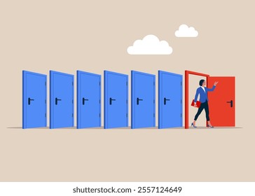 Business woman works six days in week, a workaholic without holidays. For entrance, home, exit, challenge, opportunity concept. Modern vector illustration in flat style