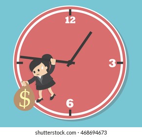 Business woman  Worried executive running against on an arrow of clock