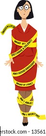 Business woman wrapped in a yellow tape with messages of self-doubt, EPS 8 vector illustration