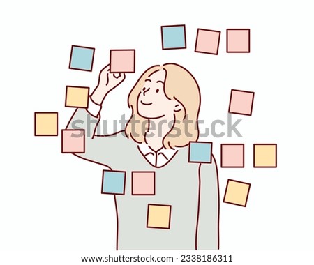 business woman write on sticky note develop startup project in office glass board.  Hand drawn style vector design illustrations.