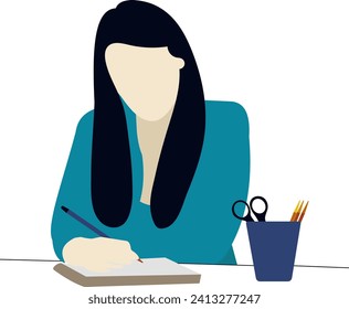 Business woman writing with job. Working woman character vector illustration.