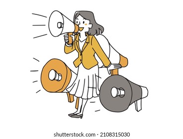 Business woman yelling at a megaphone Concept art for public relations Warm hand-painted person Be on a white background