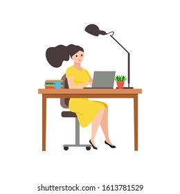 Business woman in yellow dress, sitting on a chair at a table, on it books, mug and lamp on white isolated background design. Working remotely at the laptop. Colorful vector illustration in flat style