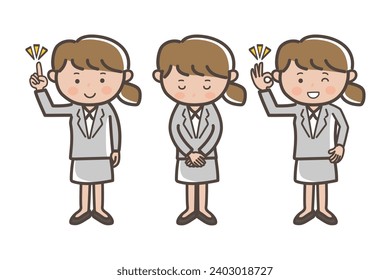 Business woman's 3 pose set_Guts pose_Point_OK_Apology