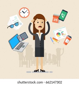 Business woman's working day.  A lot of office things, smartphone, laptop, glasses, documents, cup of coffee, calendar, calculator. Vector, illustration, flat