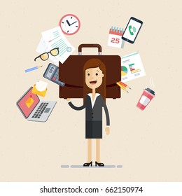 Business woman's working day. Woman cope with work. Business woman hold a big briefcase with a lot of office things. Vector, illustration, flat