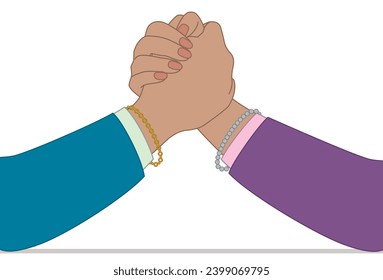 business women arm wrestling, closeup view, isolated on a white background