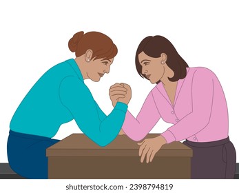 business women arm wrestling on office desk, isolated on white the background