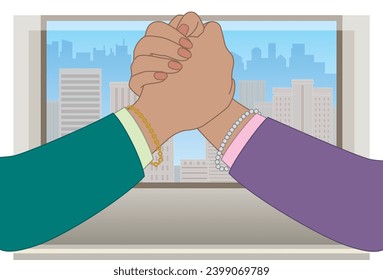 business women arm wrestling on office desk, closeup view, window showing buildings and city skyline in the background